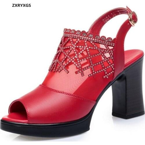 Promotional 2020 Fish Mouth Cowhide Mesh Rhinestones Shoes Women Leather Sandals Fashion Sandals Summer Shoes High Heel Sandals