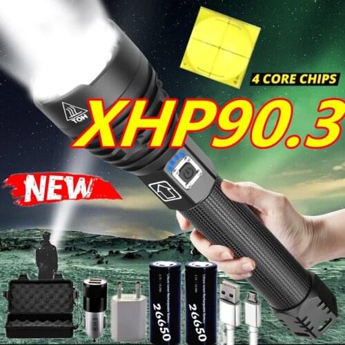 600000LM Brightest XHP90.3 XHP70 Rechargeable LED Flashlight Powerful Torch Waterproof Zoom Hunting Light Use 18650 26650 Battey