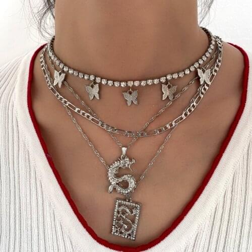 JUST FEEL Silver Color Dragon Rhinestone Pendant Necklace For Women Multi-layer Butterfly Crystal Chain Necklace Hip Hop Jewelry