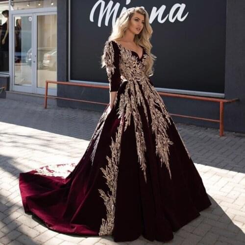 Burgundy Muslim Long Evening Dress 2020 Velvet 3/4 Sleeve Arabic Gold Lace Ball Gown KaftanTurkey Prom Formal Dress Evening Gown