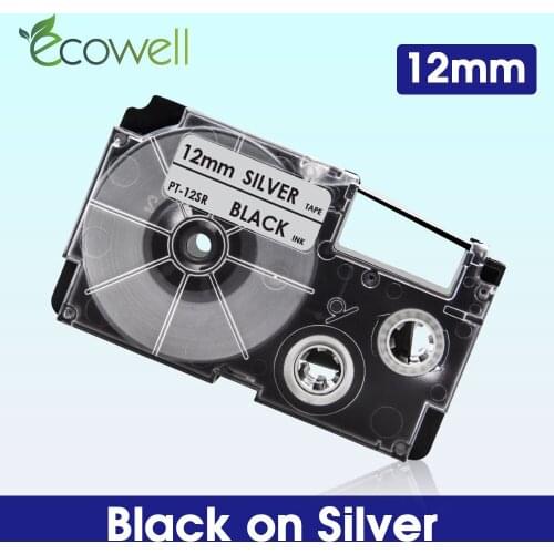 Ecowell 12mm Black on Silver XR-12SR label For Casio XR 12SR XR12SR label Tape repalce for Casio KL-120 KL-100 60 60SR Printer