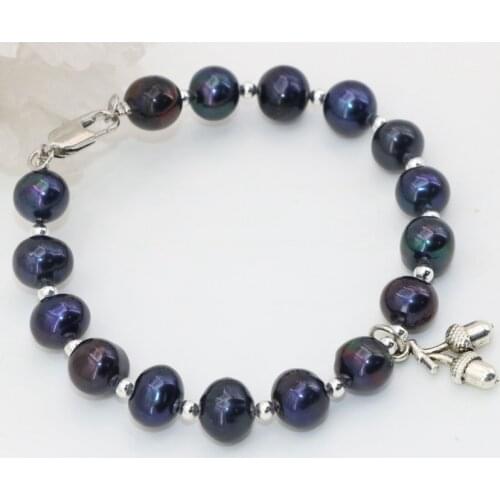 Factory outlet natural black freshwater cultured pearl 8-9mm round beads unique clasp bracelets elegant jewelry 7.5inch B2750