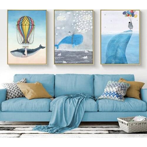 Cartoon Whale Art Poster And Print Canvas Painting Animal balloon Wall Picture For Living Room Bedroom Kids Room Decor