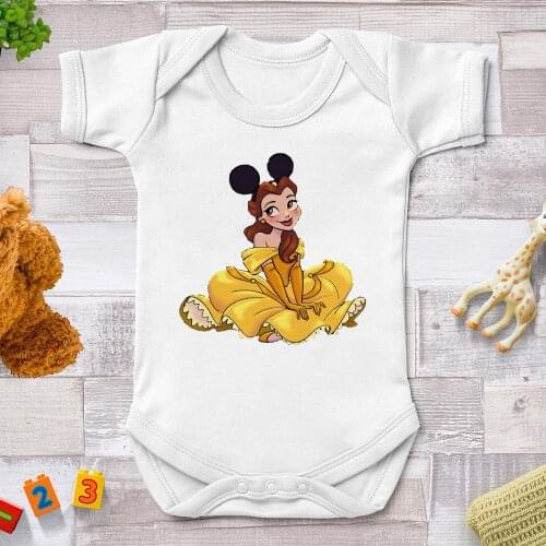 2021 0-24Mothe Baby Rompers Baby Girl Clothes Harajuku Disney Princess Belle Beauty And The Beast Print Newborn Bebe Jumpsuits
