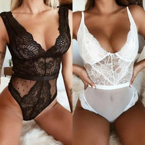 Summer Sex Womens Lace Woman Floral Deep V Neck Bodysuit Womens Sexy Lingerie Sleeveless Female Stretch Leotard Jumpsuit