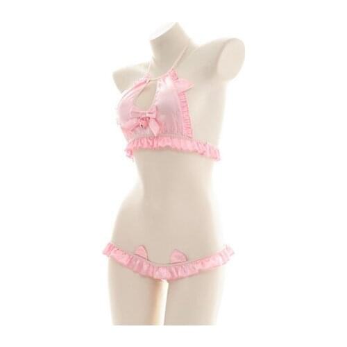 HOT 2021Bikini Suit Sexy Girl Private Cosplay Maid Cat Ear Underwear Lolita Sweet Pink Open Chest Halter Bowknot Bell Ruffles