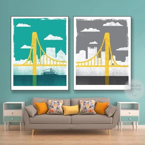 Small Pittsburgh Art Teal Bridge Print City of Bridges Art poster PGH Boat Wall Art Office bar cafe livingroom Home decor mural