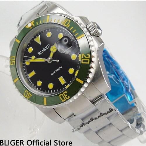 Sapphire Crystal BLIGER 43MM Black Dial Green Ceramic Bezel Stainless Steel Automatic Movement Mens Watch B286