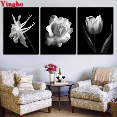 3 Pieces Nordic Black White Abstract Flower diamond Painting 5d diy diamond embroidery mosaic Pictures for living room decor