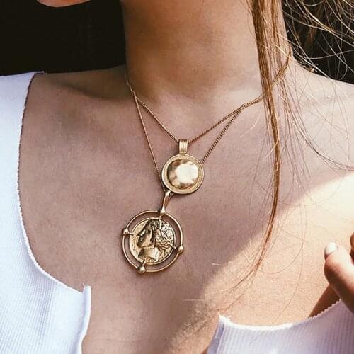 New Fashion Retro Gold Carved Coin Necklace Digital Medal Pendant Double Layer Necklace Personalized Women Necklace Jewelry Gift