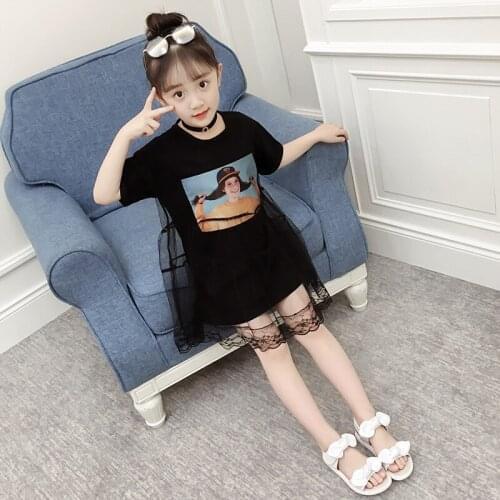 Girls Dresses Summer New 2018 Korean Avatar Print T-shirt Dresses Childrens Fashion Mesh Patchwork Dress Party Dress Clothing