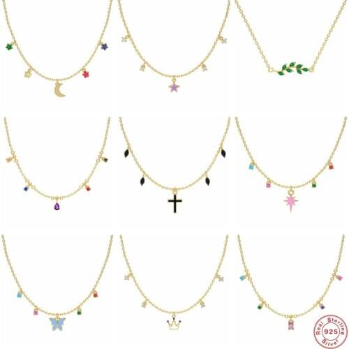 Aide 925 Sterling Silver Enamel Star Moon Cross Pendant Necklaces Colorful Zircon Beads Drop Oil Butterfly Charm Leaf Choker