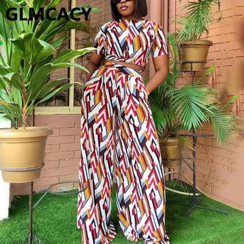 Two Piece Casual Summer Suits Short Sleeve Crop Top & Wide Leg Loose Pants Set