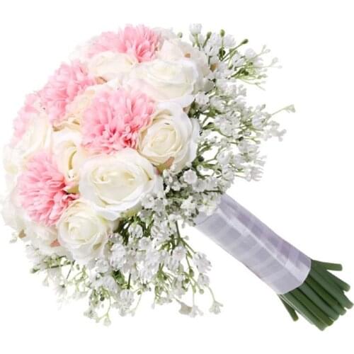 Romantic Artificial Gypsophila Babysbreath Rose Flower Handmade Bridal Wedding Bouquet Ribbon Wrapped Handle Party Home
