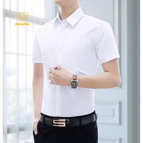 TAVARES Men Dress Shirts Summer Social Office Business Collared Shirt Short Sleeve Oversized White Blue Casual Shirt