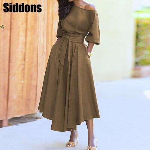 Sexy Off Shoulder Party Dress Spring Summer Tie-Up Belted Office Lady Dress Casual Short Sleeve Pocket Long Dress