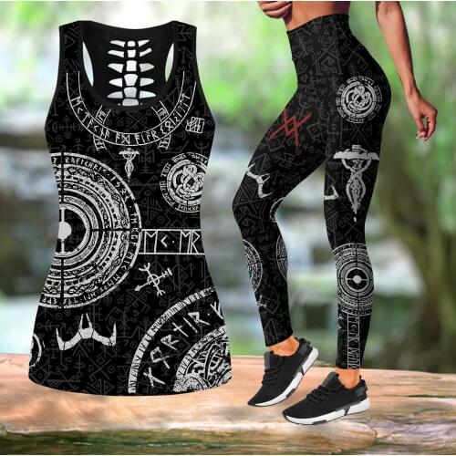 Viking symbol Tattoo 3D Printed Hollow Tank Top & Leggings Set Fitness Female Full Length Leggings Comfortable Yoga Pants LKB-04