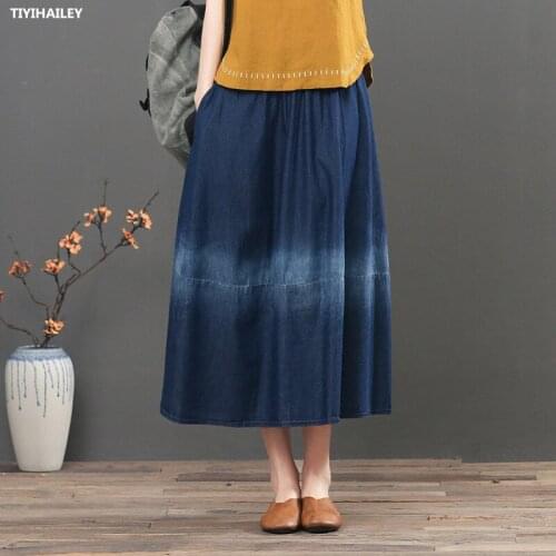 TIYIHAILEY Free Shipping 2021 Long Mid-Calf A-line Women Elastic Waist Summer Denim Jeans Vintage Skirt With Pockets Gradient