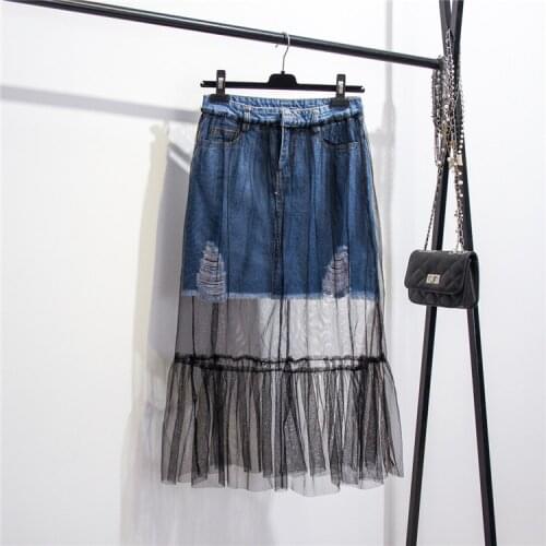 In stock 2020 Spring fashion women Denim Patchwork Mesh Skirt Good design
