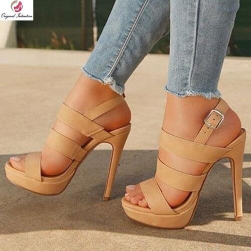 Original Intention Fashion Women Sandals Narrow Band Open Toe Buckle Strap Slim Heels Summer Nude Shoes Woman Plus Size 4-15