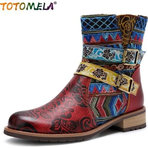 TOTOMELA EUR size 36-42 Cow Leather boots women zipper buckle square toe western retro autumn winter ankle boots female shoes