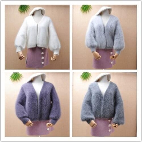 Ladies women short thick warm mink cashmere cropped long lantern sleeves v-neck cardigans angora rabbit hair winter jacket coat