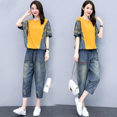 2021 Summer New Single/Set Large Size Women Denim Suit Thin Section Fashion Jeans Two Piece Female Short-Sleeved Top Ladies A322