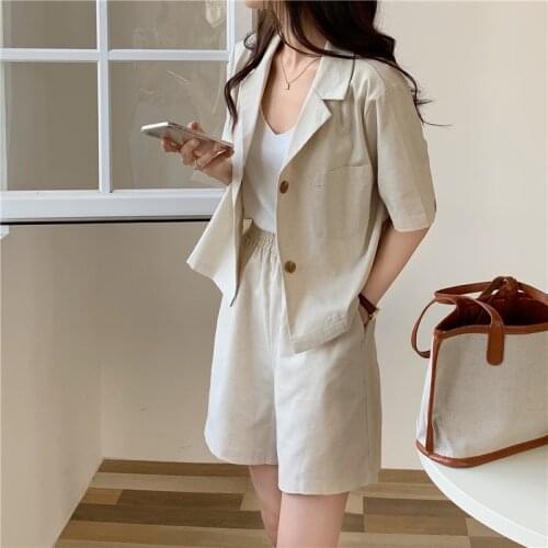 Mozuleva Summer Women Suit 2 Pieces Sets Short Sleeve Lackets and Elastic Waist Shorts Sets Female Casual Cotton Lining Suits