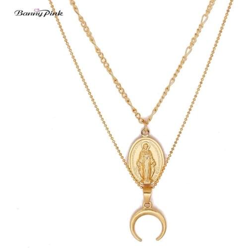 Banny Pink Religious Virgin Mary Pendant Choker Necklace For Women Punk Crescent Moon Choker Collar Godness Clavicle Chain