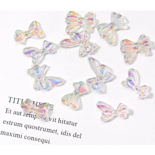 50Pcs Nail Art "Bow-Tie Bows" Aurora AB Multi Nail Charm Manicure Charm Embellishment Tiny Ribbon Bow-ties & Butterfly 50pcs