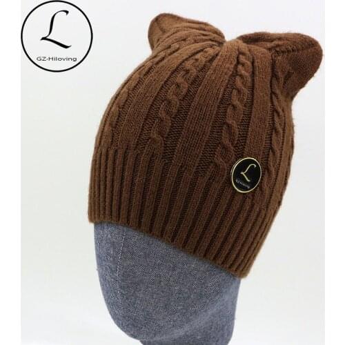 2017 Women Beanies Winter Hat With Ears Warm Beanie Girl Hats Knitted Wool Skullies Beanie Women Cap Rabbit Fur Beanie Knitting