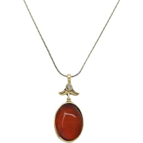 Red Amber Squeezing Cubic Zirconia Silver Women 'S Authentic Necklace Midyat Silver