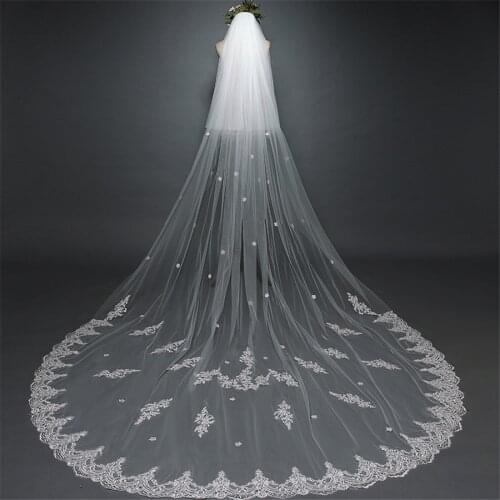 White Ivory 3.5M Long Bridal Veil Lace Appliques With Face Veil Comb Long Cathedral Brides Headpiece Brides Veil