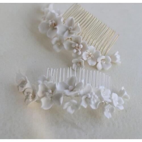 Ins Porcelain Flower Wedding Comb Bridal Hair Piece Gold Silver Color Handmade Women Hair Ornament Jewelry