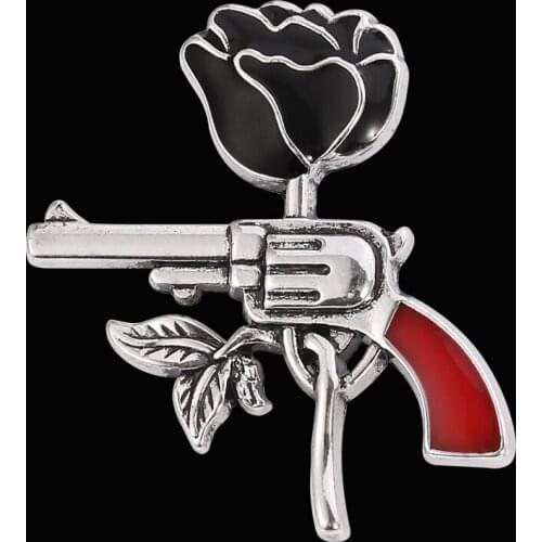 Silver Color Rose Gun Enamel Metal Brooch Cool Punk Style Ladies Jacket Backpack Hat Pin Lapel Jewelry Creative Decoration