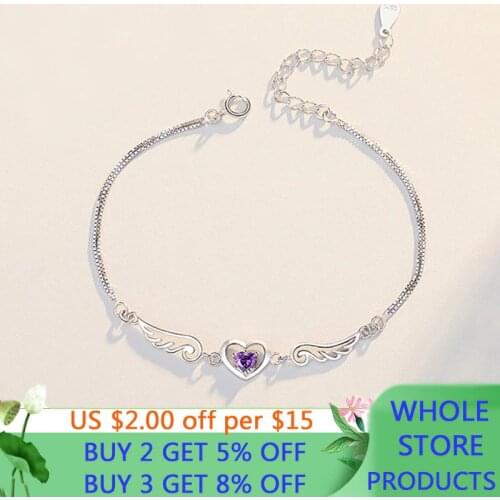 Fashion Bohemian 925 Silver Wings&Heart Charms Bracelets Women Gift Purple Zircon Wristband Bangles For Party Wedding Jewelry