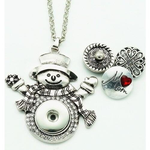 Fashion Winter Rhinestone Snowman pendant snap necklace 60cm fit 18MM snap buttons jewelry wholesale DJ0106