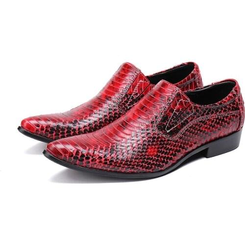 Chaussure Hombre Red Python Skin Patent Leather Mens Shoes For Men Formal Lace Up loafers Pointed Toe Wedding Office Shoes