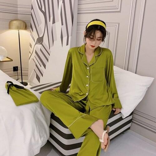 New Autumn Silk Satin Sexy Pajamas Sets For Women European Homwear Long Sleeve Pyjamas Sleepwear Pajamas 2 Pcs Pijama With Bag