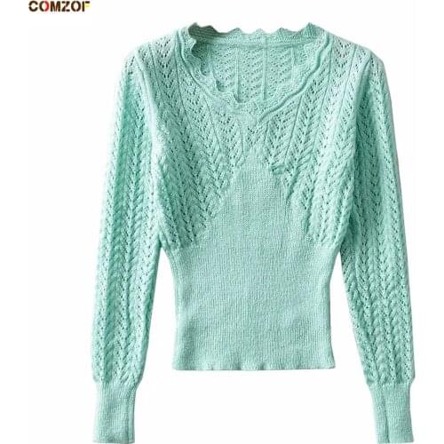 New arrival women pullover sweaters v-neck korean long sleeve hollow out 2020 autumn jumper clothes woman knitted sweater