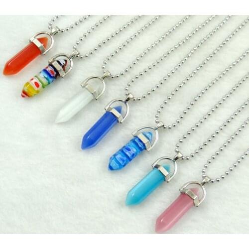 Natural Gem stone Colored glass flower Hexagonal Column beads Cat eye pendant Necklace charm for women Fashion Jewelry Necklace