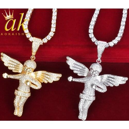 Zircon Angel Pendant Necklace For Men Gold Color Cubic Zircon Hip Hop Rock Street Jewelry Bling