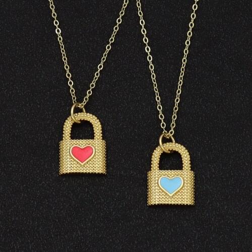 Pink Blue Enamel Heart Lock Pendant Necklace for Women Gold Color Padlock Punk Goth Jewelry Grunge Aesthetic Accessories