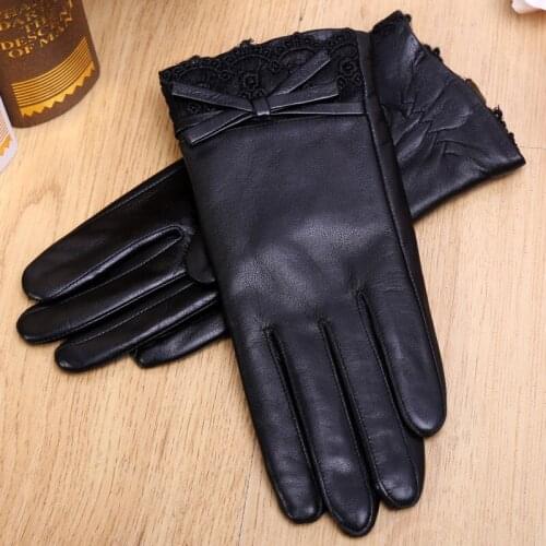 High Quality Ladies Genuine Leather Gloves Winter Plus Velvet Thick Warm Goat Gloves Driving Touch-Screen Short Gloves GR-8319-5