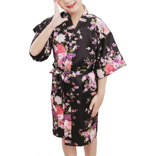 Japanese Pajamas for Girls Kimono Traditional Print Cheery Thin Loose Night Gown Kids Japan Style Black Robes
