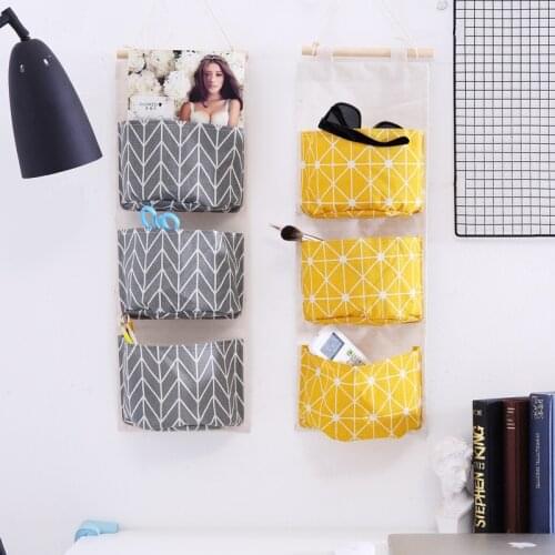 Cotton and Linen Hanging Bag 3 Pockets Fabric Wall Hanging Bag Dormitory Sundries Storage Nordic Style Waterproof Bag