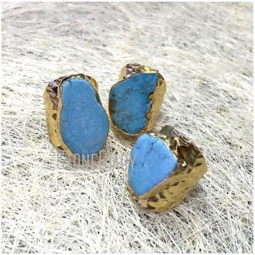 RM336 5Pcs Wholesale Gold Color Irregular Shape Ring Blue White Turquoises Ring Adjustable
