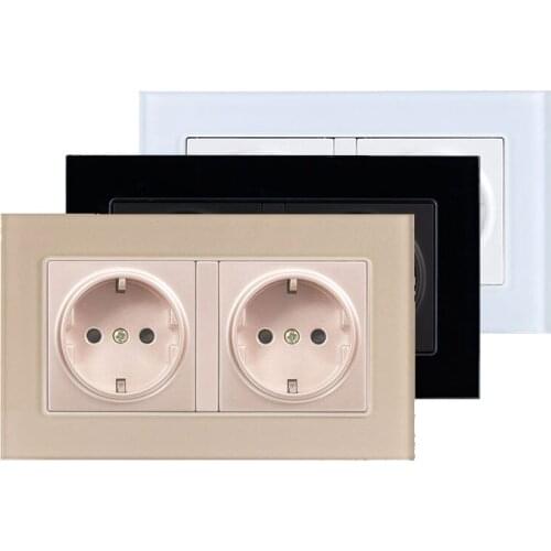 Wall Power Socket EU Standard Crystal Tempered Glass Panel Power Socket Germany Type Socket 16A Electrical Double Outlet Socket