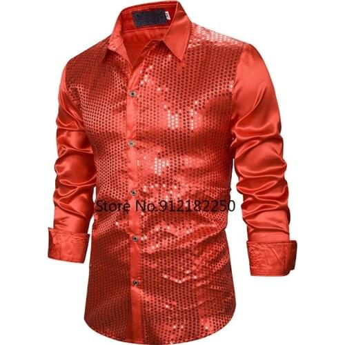 Red Sequin Shirt Men Stage Singer Prom Shirt 2021 Brand Slim Fit Long Sleeve Mens Dress Shirts Nightclub Glitter Chemise Homme