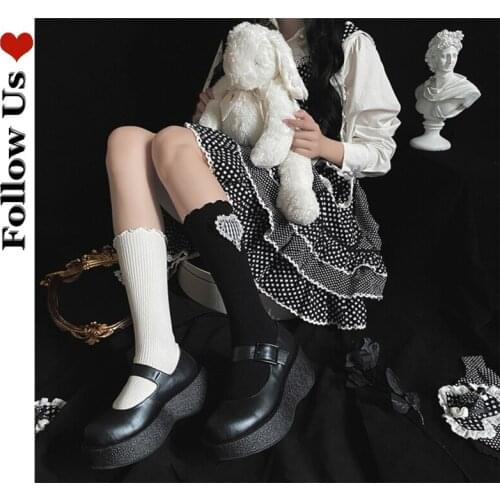 Lolita Sexy Cotton Pile of Socks Japanese Gothic Love Striped Tube Socks Harajuku Woman Bowknot Wood Ears Solid Color Stockings